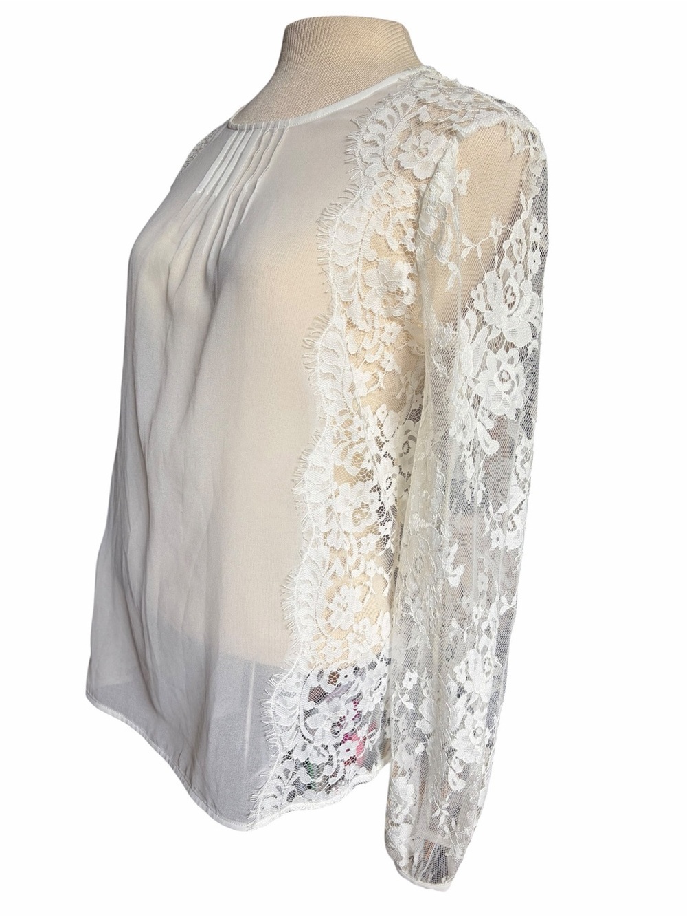 White House Black Market Ivory Sheer Lace Sleeve Blouse